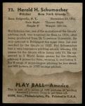 1939 Play Ball #73  Hal Schumacher  Back Thumbnail