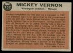 1962 Topps #152 GRN Mickey Vernon  Back Thumbnail