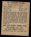 1948 Bowman #18 Warren Spahn Back Thumbnail