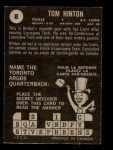 1964 Topps CFL #8   -  Tom Hinton   Back Thumbnail
