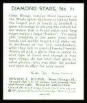 1934 Diamond Stars Reprint #71  Ossie Bluege  Back Thumbnail