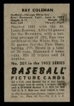 1952 Bowman #201  Ray Coleman  Back Thumbnail
