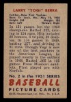 1951 Bowman #2 Yogi Berra Back Thumbnail