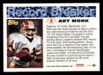 1993 Topps #1   -  Art Monk Record Breaker Back Thumbnail