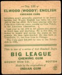 1933 Goudey #135  Woody English  Back Thumbnail
