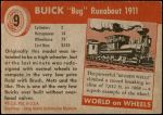 1954 Topps World on Wheels #9   Buick Bug Runabout 1911 Back Thumbnail