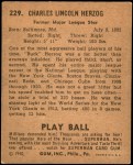 1940 Play Ball #229  Buck Herzog  Back Thumbnail