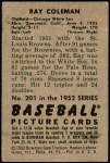 1952 Bowman #201  Ray Coleman  Back Thumbnail