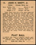 1940 Play Ball #13  Jack Knott  Back Thumbnail