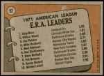 1972 Topps #92   -  Vida Blue / Jim Palmer / Wilbur Wood AL ERA Leaders  Back Thumbnail