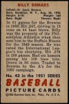 1951 Bowman #43  Billy DeMars  Back Thumbnail