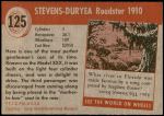 1954 Topps World on Wheels #125   Stevens-Duryea Roadster 1910 Back Thumbnail
