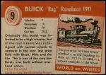 1954 Topps World on Wheels #9   Buick Bug Runabout 1911 Back Thumbnail