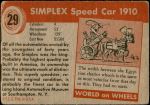 1954 Topps World on Wheels #29   Simplex Speed Car 1910 Back Thumbnail