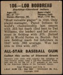 1948 Leaf #106 Lou Boudreau Back Thumbnail