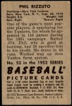 1952 Bowman #52  Phil Rizzuto  Back Thumbnail