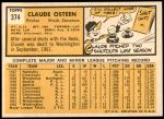 1963 Topps #374  Claude Osteen  Back Thumbnail