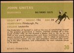 1961 Fleer #30  Johnny Unitas  Back Thumbnail