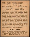 1940 Play Ball #148  Hugh Casey  Back Thumbnail
