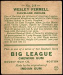 1933 Goudey #218  Wes Ferrell  Back Thumbnail