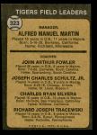 1973 Topps #323   -  Billy Martin / Art Fowler / Joe Schultz / Charlie Silvera / Dick Tracewski Tigers Leaders Back Thumbnail