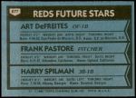 1980 Topps #677   -  Art DeFreites / Frank Pastore / Harry Spilman  Reds Rookies Back Thumbnail