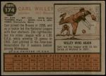 1962 Topps #174 CAP Carl Willey  Back Thumbnail