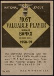 1961 Topps #485 - Ernie Banks Most Valuable Player Back Thumbnail