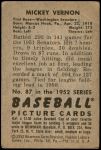 1952 Bowman #87  Mickey Vernon  Back Thumbnail