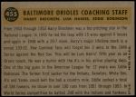 1960 Topps #455   -  Eddie Robinson / Harry Brecheen / Luman Harris Orioles Coaches Back Thumbnail