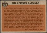 1962 Topps #138 GRN  -  Babe Ruth The Famous Slugger Back Thumbnail