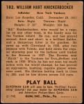 1940 Play Ball #182  Bill Knickerbocker  Back Thumbnail