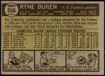 1961 Topps #356  Ryne Duren  Back Thumbnail