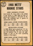 1968 Topps #177 A - Nolan Ryan / Jerry Koosman Mets Rookies Back Thumbnail