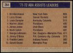 1972 Topps #264   -  Bill Melchionni / Larry Brown / Louie Dampier  ABA Assists Leaders Back Thumbnail