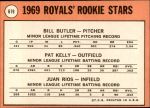 1969 Topps #619   -  Pat Kelly / Bill Butler / Juan Rios Royals Rookies Back Thumbnail