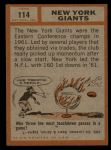 1962 Topps #114   Giants Team Back Thumbnail