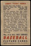 1951 Bowman #2  Yogi Berra  Back Thumbnail