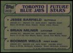 1982 Topps #203   -  David Wells / Jesse Barfield / Brian Milner Blue Jays Rookies Back Thumbnail