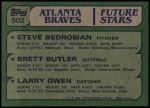 1982 Topps #502   -  Larry Owen / Brett Butler / Steve Bedrosian Braves Rookies Back Thumbnail