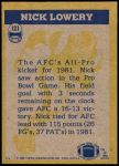 1982 Topps #121   -  Nick Lowery In Action Back Thumbnail