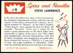1960 Fleer Spins and Needles #9  Steve Lawrence  Back Thumbnail
