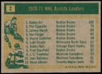 1971 Topps #2   -  Bobby Orr / Phil Esposito / Johnny Bucyk Assists Leaders Back Thumbnail