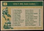1971 Topps #1   -  Phil Esposito / Johnny Bucyk / Bobby Hull Goal Leaders Back Thumbnail