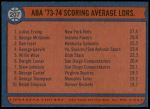 1974 Topps #207   -  Julius Erving / Dan Issel / George McGinnis ABA Scoring Average Leaders Back Thumbnail