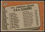 1972 Topps #92   -  Vida Blue / Jim Palmer / Wilbur Wood AL ERA Leaders  Back Thumbnail