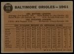 1962 Topps #476   Orioles Team Back Thumbnail