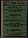 1974 Topps #600   -  Bill Madlock / Ron Cash / Jim Cox / Reggie Sanders Rookie Infielders Back Thumbnail
