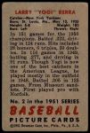 1951 Bowman #2  Yogi Berra  Back Thumbnail