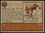 1962 Topps #174 CAP Carl Willey  Back Thumbnail